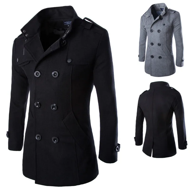 Mens Double Breasted Mid-long Woolen Trench Coat