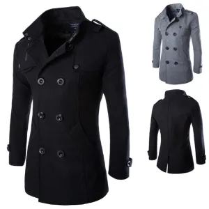 Mens Double Breasted Mid-long Woolen Trench Coat