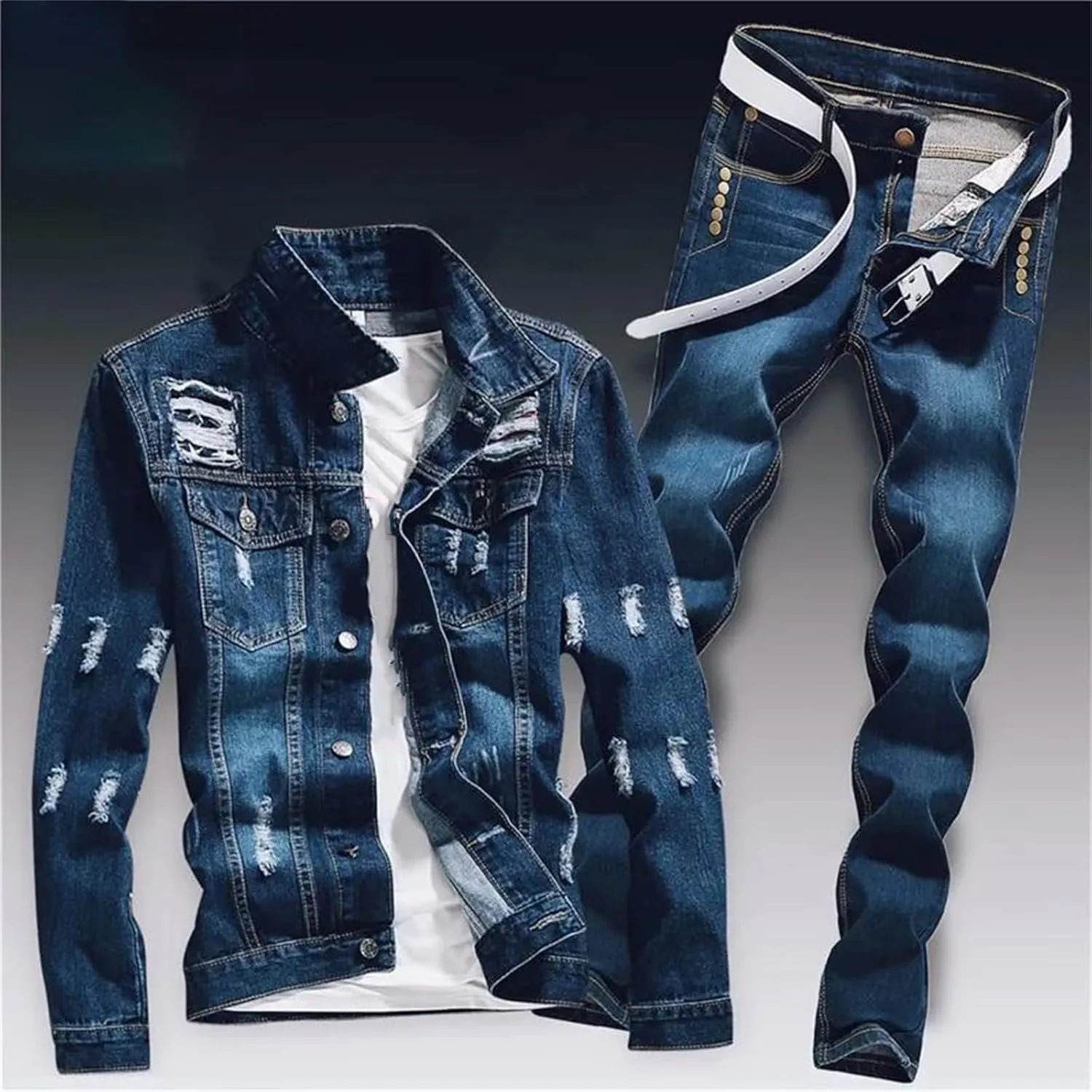 Mens Spring Denim Two Piece Set Vintage Long Sleeve Hole Ripped Slim Fit Jacket Jeans Suit Cargo Sets