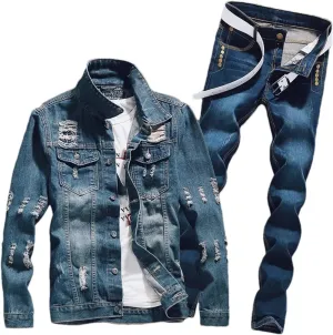 Mens Spring Denim Two Piece Set Vintage Long Sleeve Hole Ripped Slim Fit Jacket Jeans Suit Cargo Sets