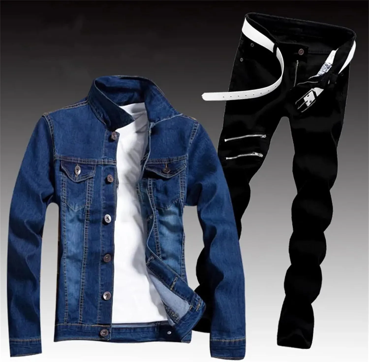 Mens Spring Denim Two Piece Set Vintage Long Sleeve Hole Ripped Slim Fit Jacket Jeans Suit Cargo Sets