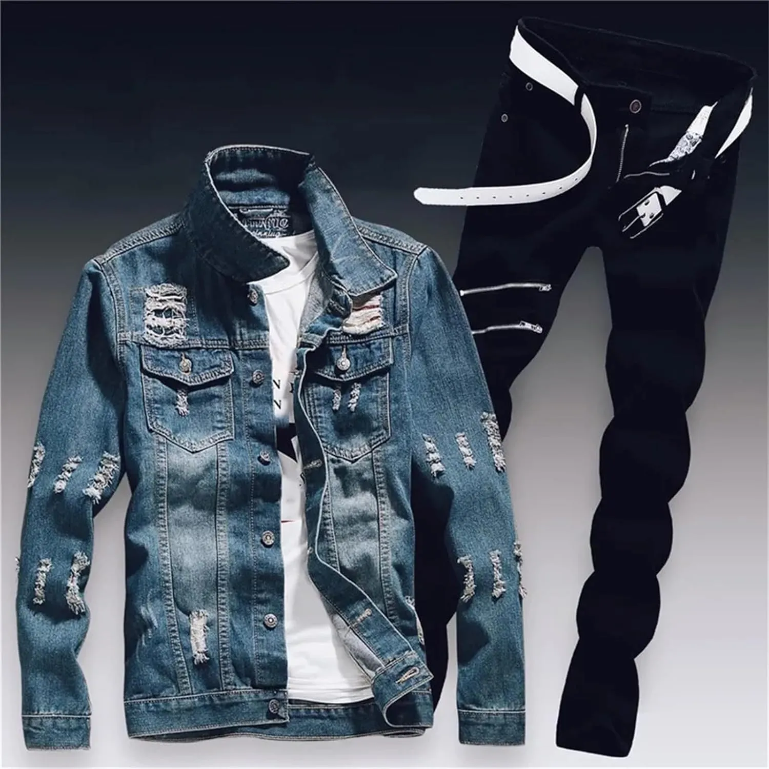 Mens Spring Denim Two Piece Set Vintage Long Sleeve Hole Ripped Slim Fit Jacket Jeans Suit Cargo Sets