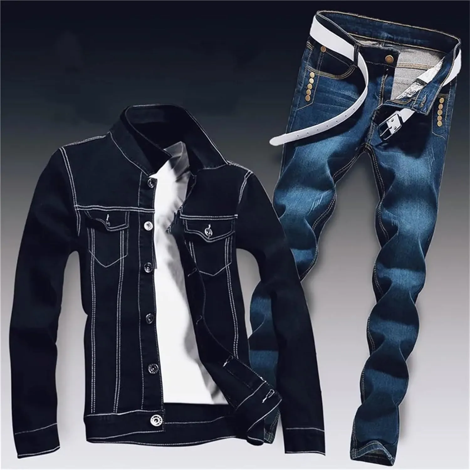 Mens Spring Denim Two Piece Set Vintage Long Sleeve Hole Ripped Slim Fit Jacket Jeans Suit Cargo Sets
