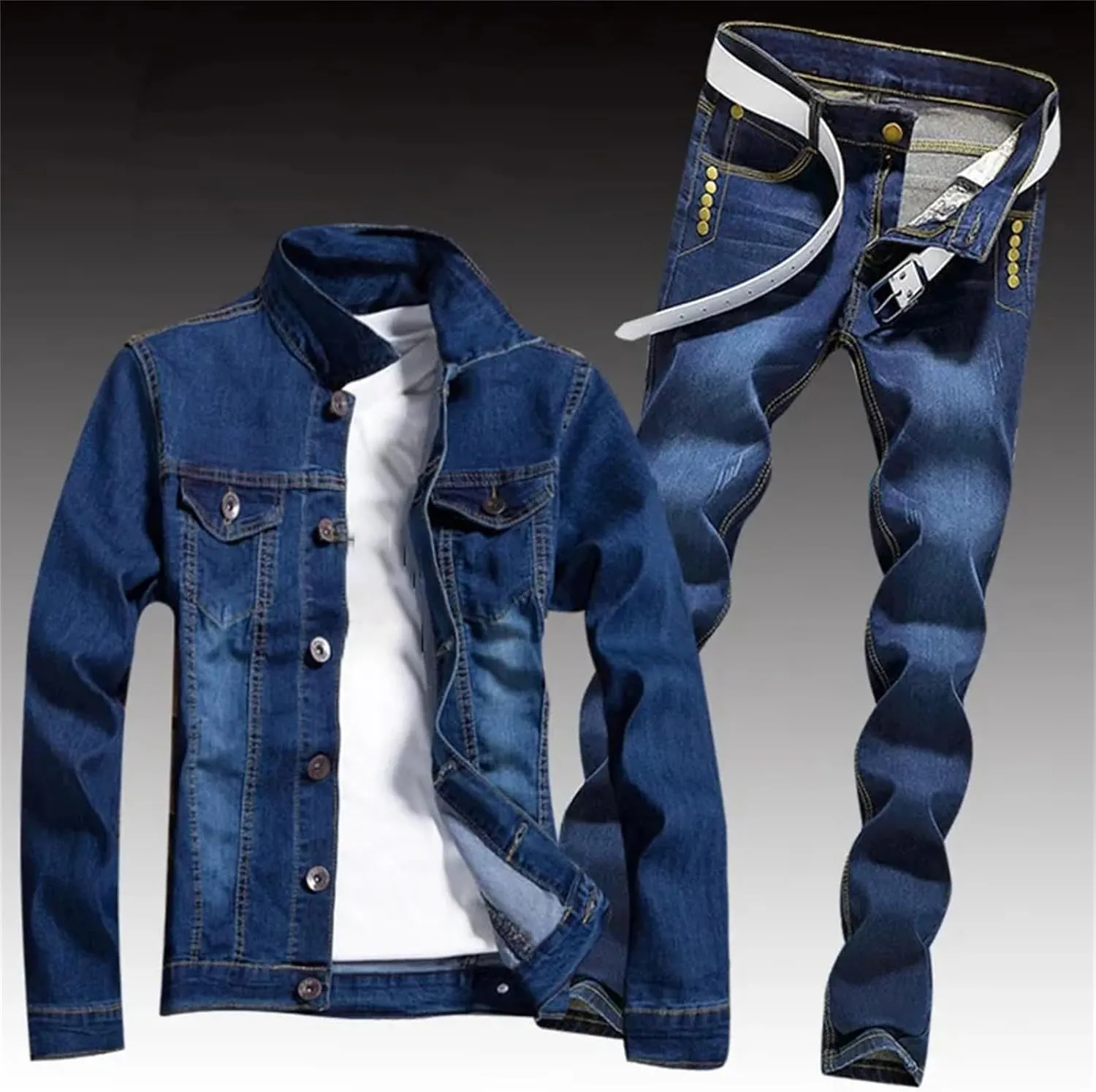 Mens Spring Denim Two Piece Set Vintage Long Sleeve Hole Ripped Slim Fit Jacket Jeans Suit Cargo Sets