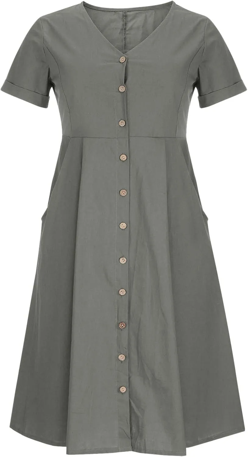 Midi Dresses for Women 2024 Summer Short Sleeve V Neck Button Down Dress Plus Size Cotton Linen Dress with Pockets