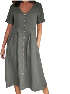 Midi Dresses for Women 2024 Summer Short Sleeve V Neck Button Down Dress Plus Size Cotton Linen Dress with Pockets