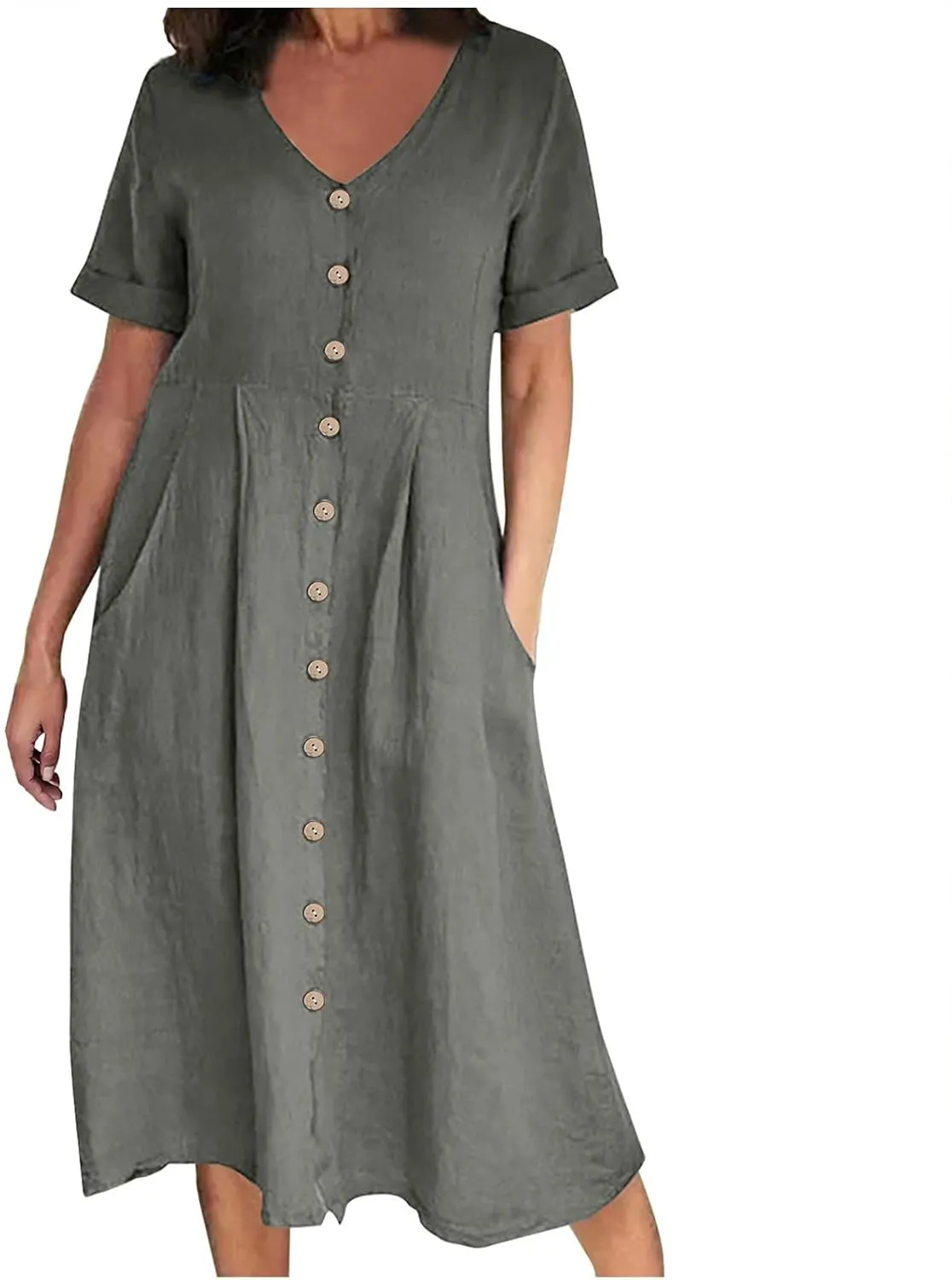 Midi Dresses for Women 2024 Summer Short Sleeve V Neck Button Down Dress Plus Size Cotton Linen Dress with Pockets