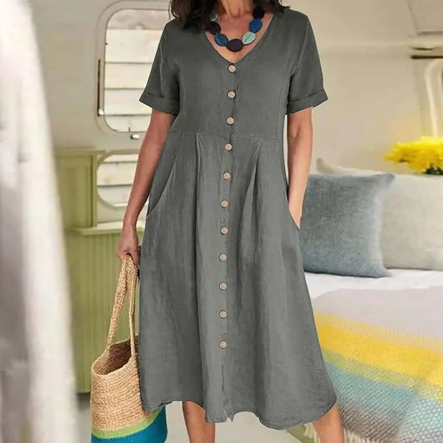 Midi Dresses for Women 2024 Summer Short Sleeve V Neck Button Down Dress Plus Size Cotton Linen Dress with Pockets