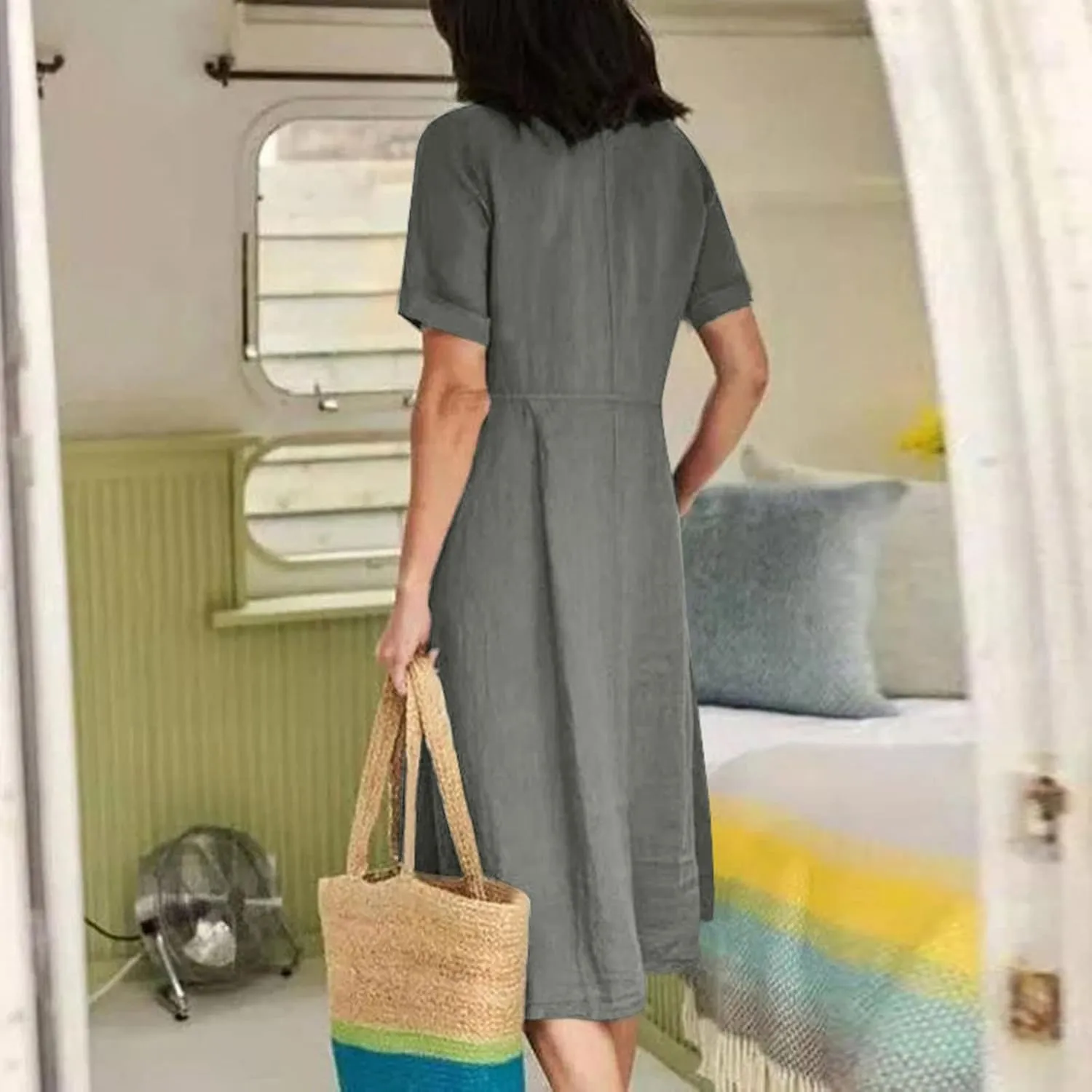 Midi Dresses for Women 2024 Summer Short Sleeve V Neck Button Down Dress Plus Size Cotton Linen Dress with Pockets