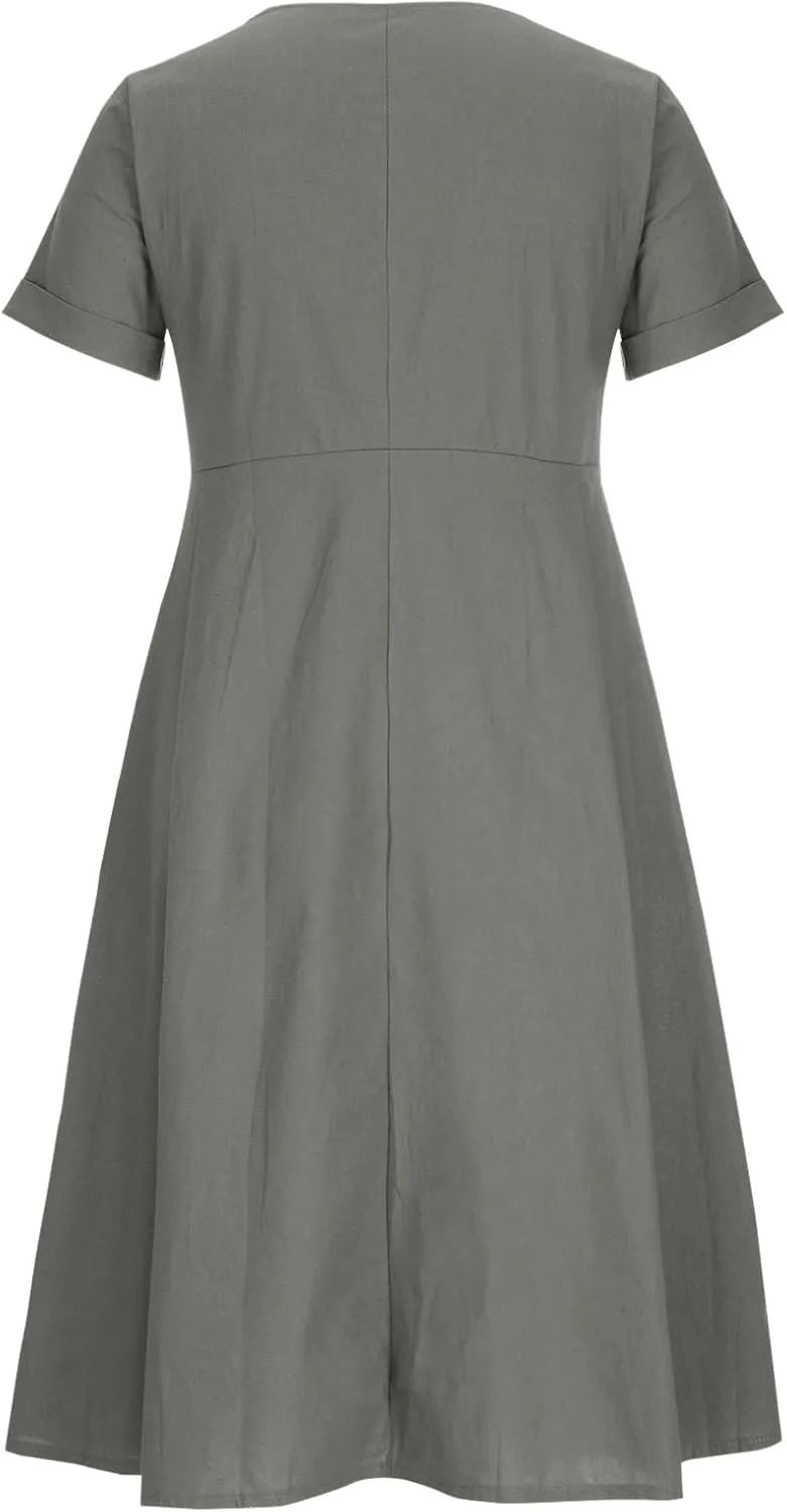 Midi Dresses for Women 2024 Summer Short Sleeve V Neck Button Down Dress Plus Size Cotton Linen Dress with Pockets