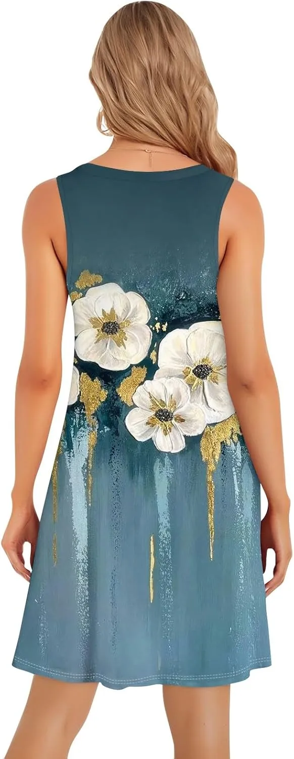 Midi Dresses for Women Hawaiian Beach Vacation Pleated U-Neck Sleeveless Summer Tank Dress Dress A-Line Boho Sundress