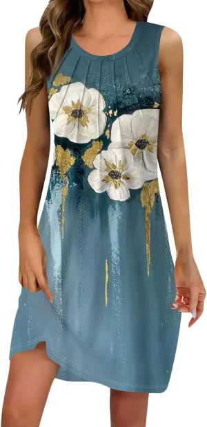 Midi Dresses for Women Hawaiian Beach Vacation Pleated U-Neck Sleeveless Summer Tank Dress Dress A-Line Boho Sundress