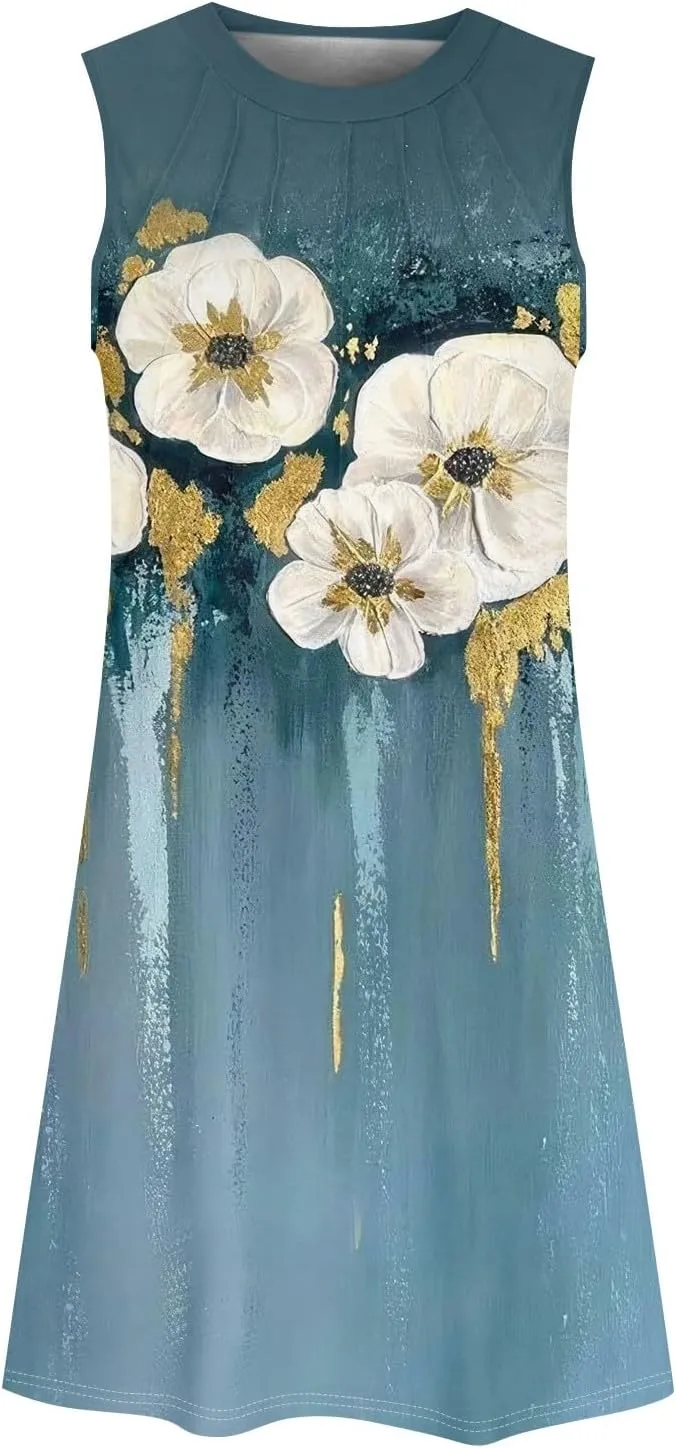 Midi Dresses for Women Hawaiian Beach Vacation Pleated U-Neck Sleeveless Summer Tank Dress Dress A-Line Boho Sundress