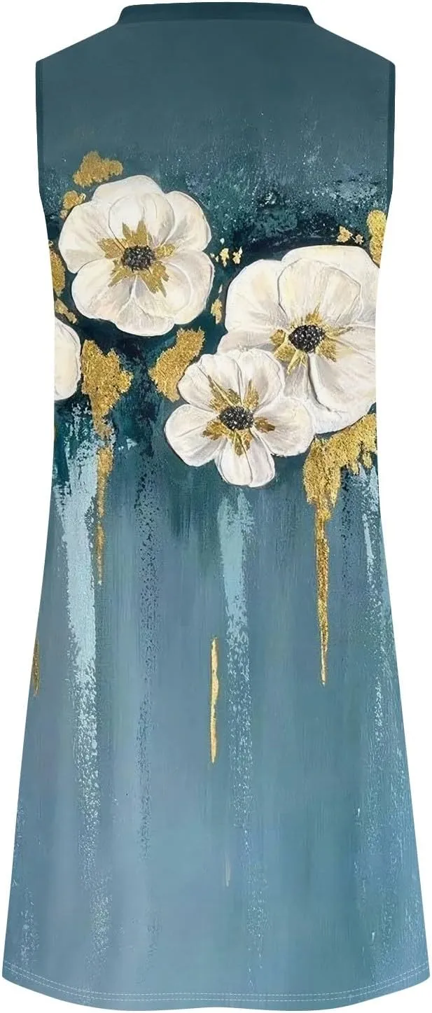 Midi Dresses for Women Hawaiian Beach Vacation Pleated U-Neck Sleeveless Summer Tank Dress Dress A-Line Boho Sundress