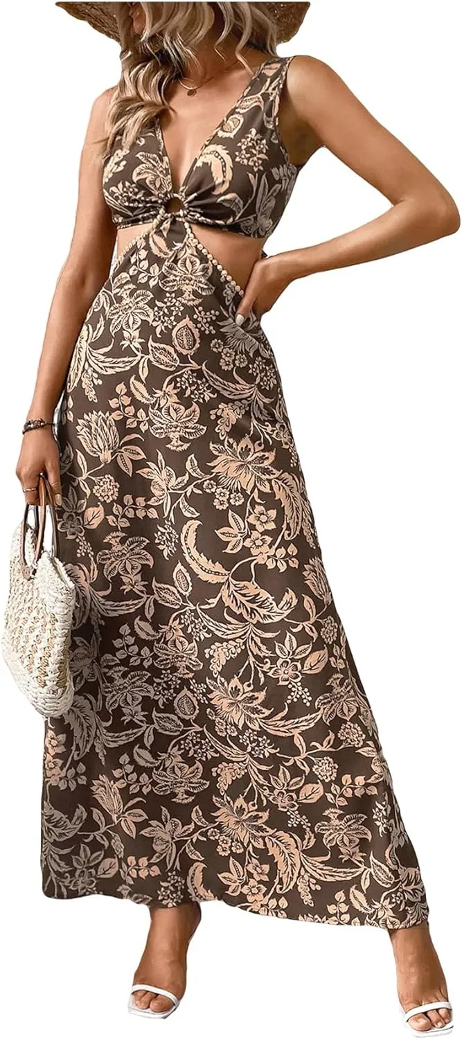 Milumia Women's Paisley Print Sleeveless Long Dress Cut Out Tie Backless Flared Maxi Dresses