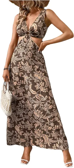 Milumia Women's Paisley Print Sleeveless Long Dress Cut Out Tie Backless Flared Maxi Dresses