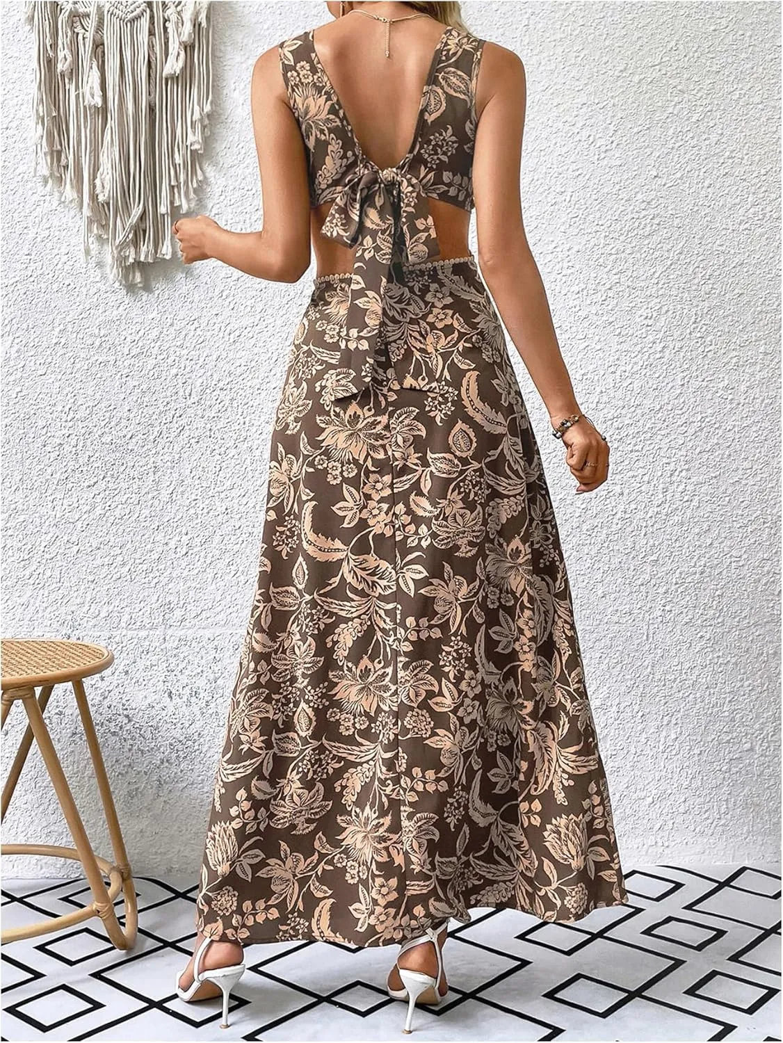 Milumia Women's Paisley Print Sleeveless Long Dress Cut Out Tie Backless Flared Maxi Dresses