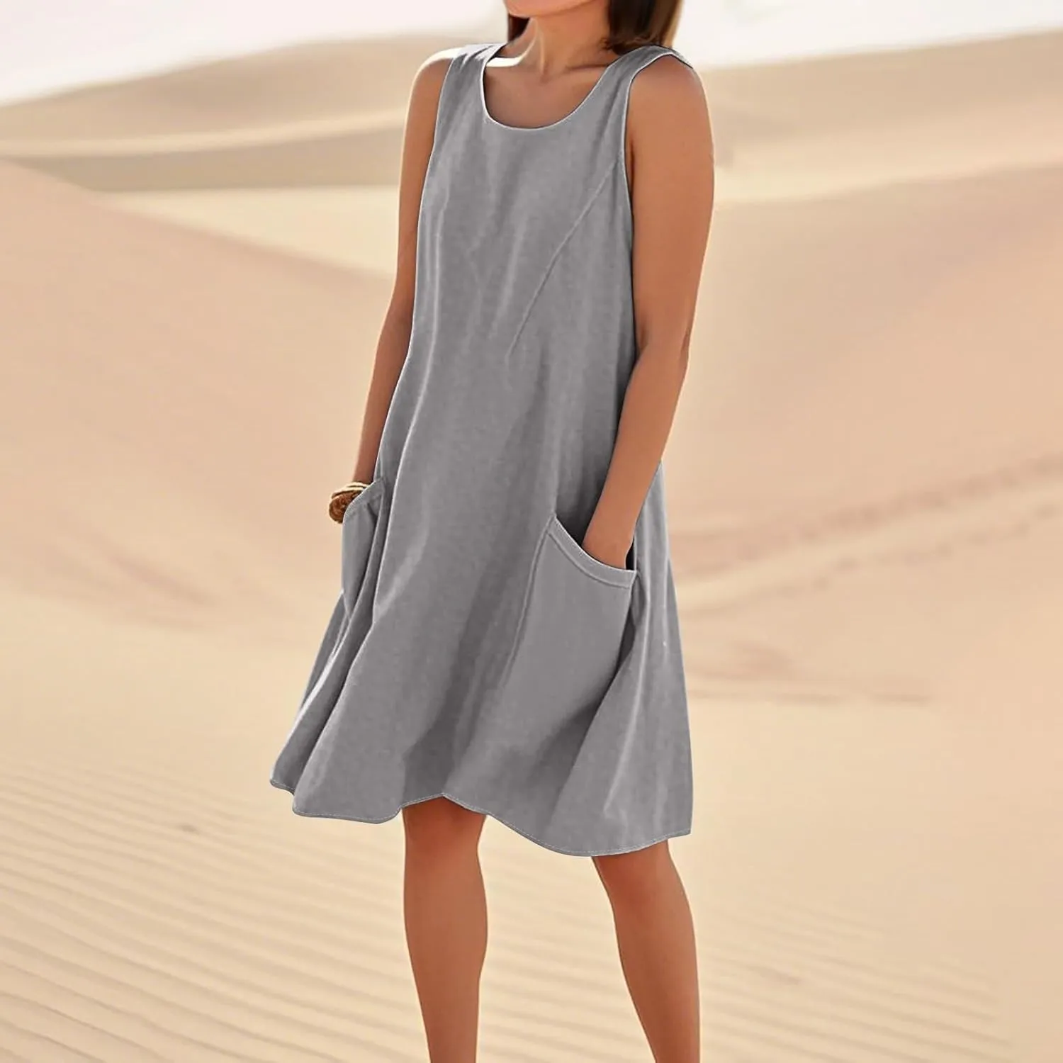 Mini Linen Dresses for Women 2025 Summer Sundress Sleeveless Elegant Flowy Plus Size Loose Tank Dress with Pockets