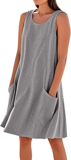 Mini Linen Dresses for Women 2025 Summer Sundress Sleeveless Elegant Flowy Plus Size Loose Tank Dress with Pockets