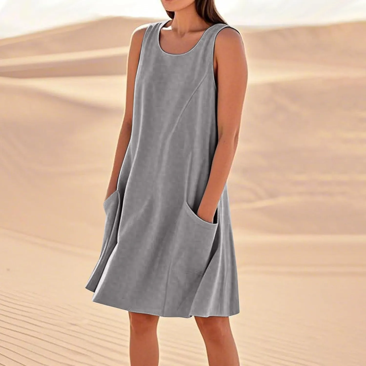 Mini Linen Dresses for Women 2025 Summer Sundress Sleeveless Elegant Flowy Plus Size Loose Tank Dress with Pockets