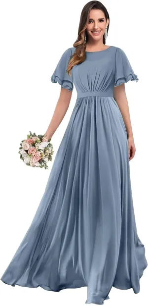 Modest Chiffon Bridesmaid Dresses for Women with Sleeves Long Formal Evening Gowns