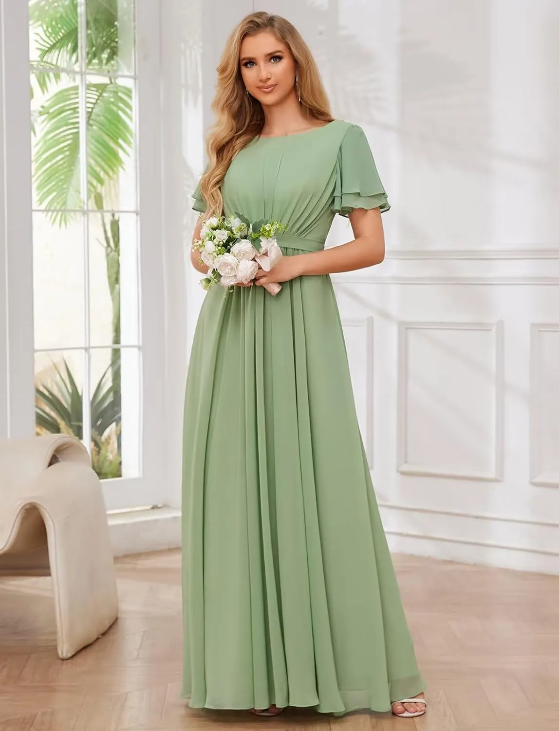 Modest Chiffon Bridesmaid Dresses for Women with Sleeves Long Formal Evening Gowns