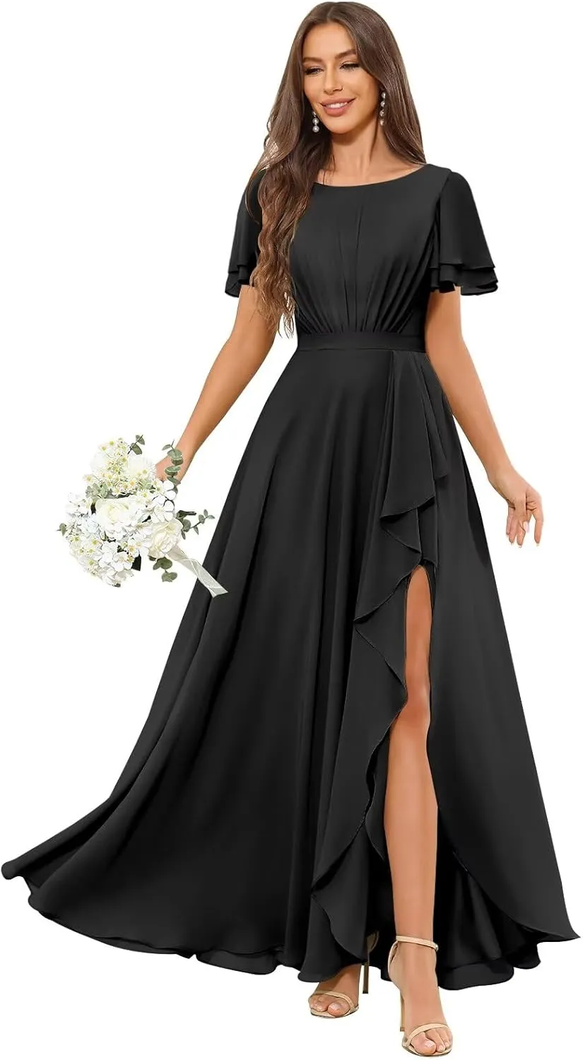 Modest Chiffon Bridesmaid Dresses with Sleeves Ruffle Slit Long A Line Formal Evening Dress for Women
