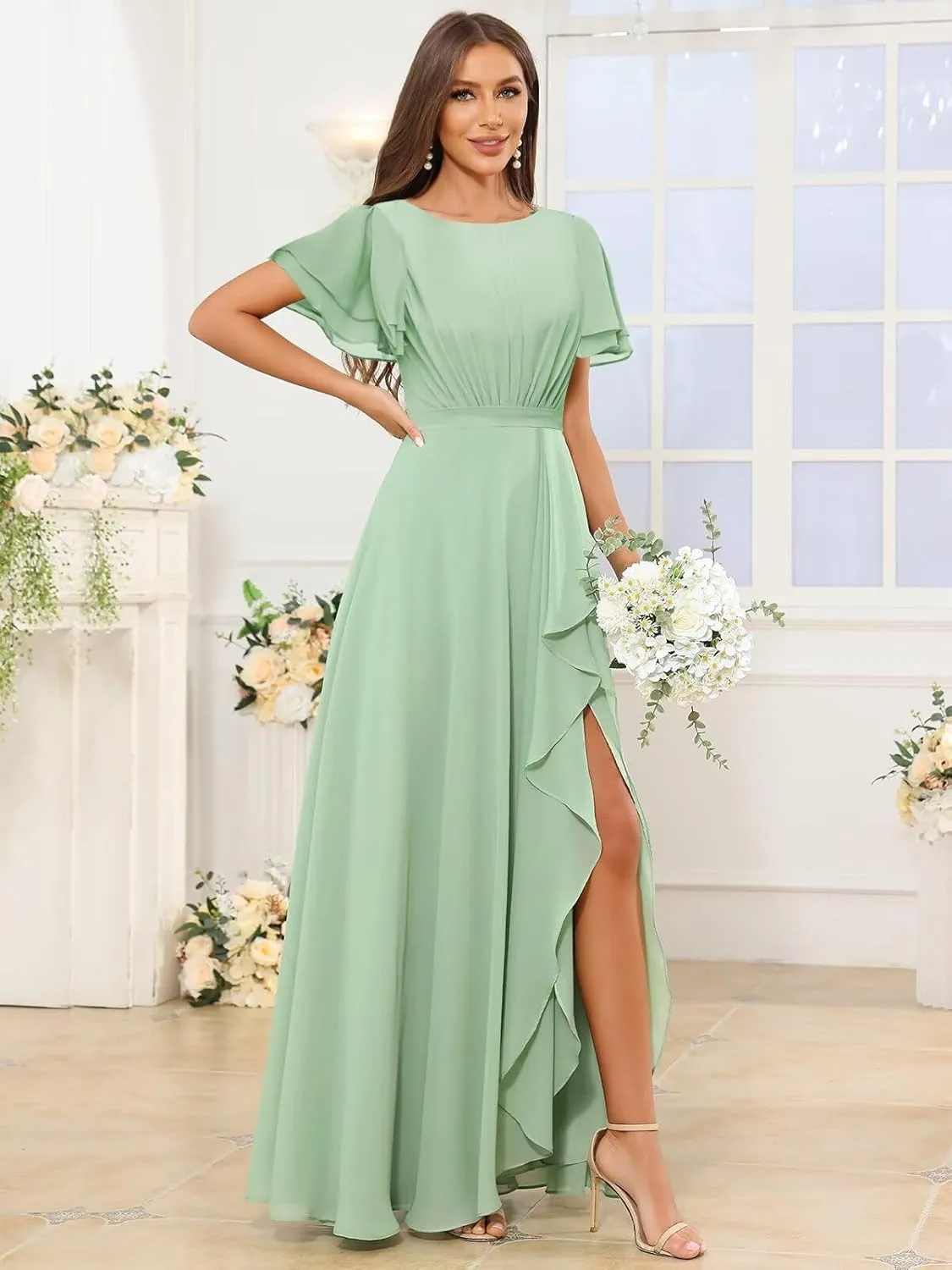 Modest Chiffon Bridesmaid Dresses with Sleeves Ruffle Slit Long A Line Formal Evening Dress for Women