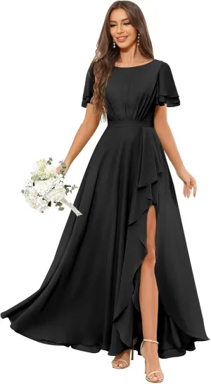 Modest Chiffon Bridesmaid Dresses with Sleeves Ruffle Slit Long A Line Formal Evening Dress for Women