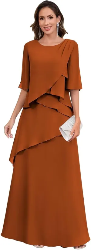 Mother of The Bride Dresses for Women Floor Length Half Sleeve Chiffon Ruffle Formal Evening Dress