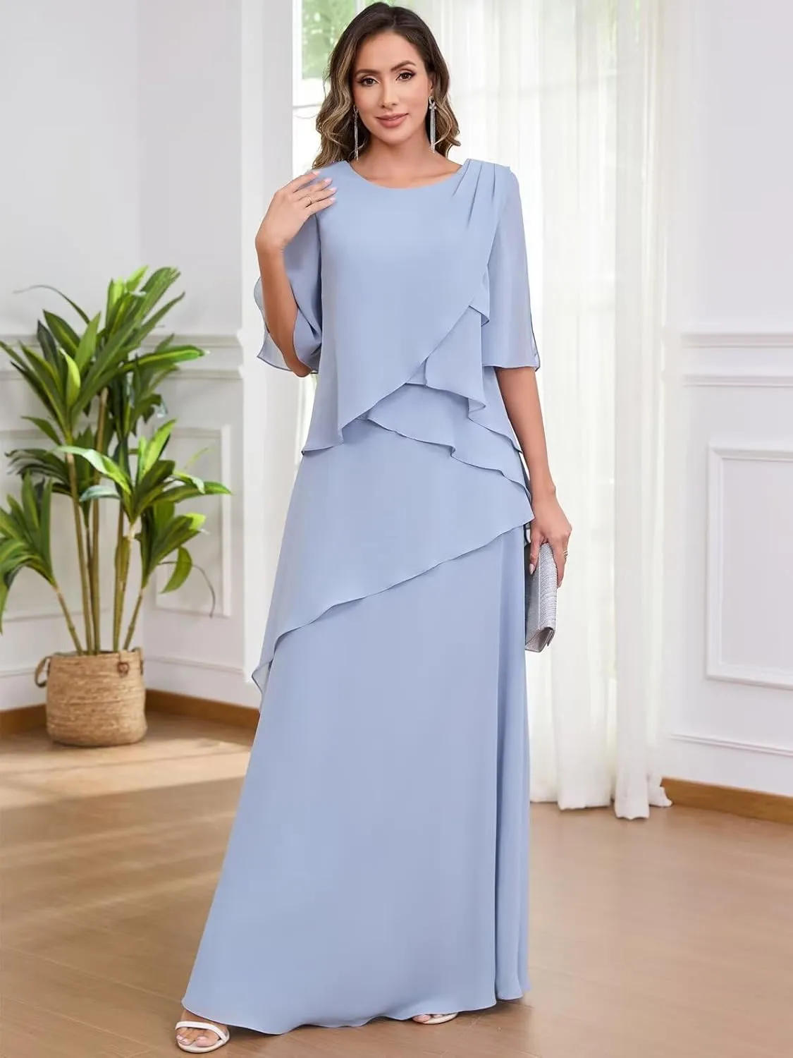 Mother of The Bride Dresses for Women Floor Length Half Sleeve Chiffon Ruffle Formal Evening Dress