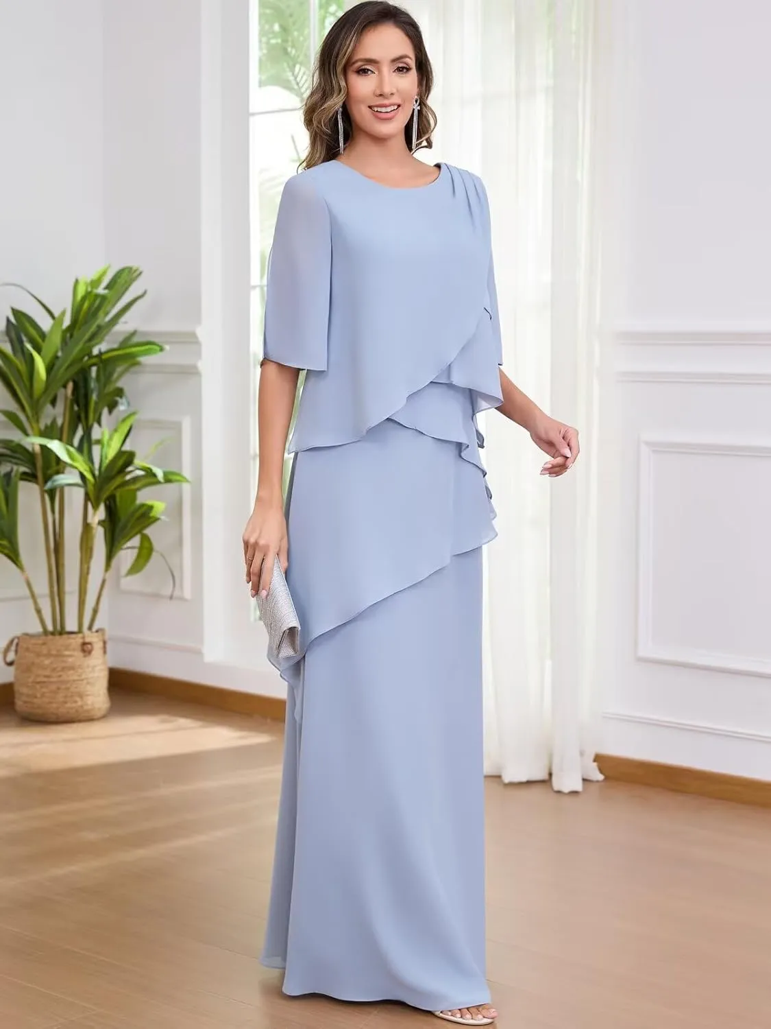 Mother of The Bride Dresses for Women Floor Length Half Sleeve Chiffon Ruffle Formal Evening Dress