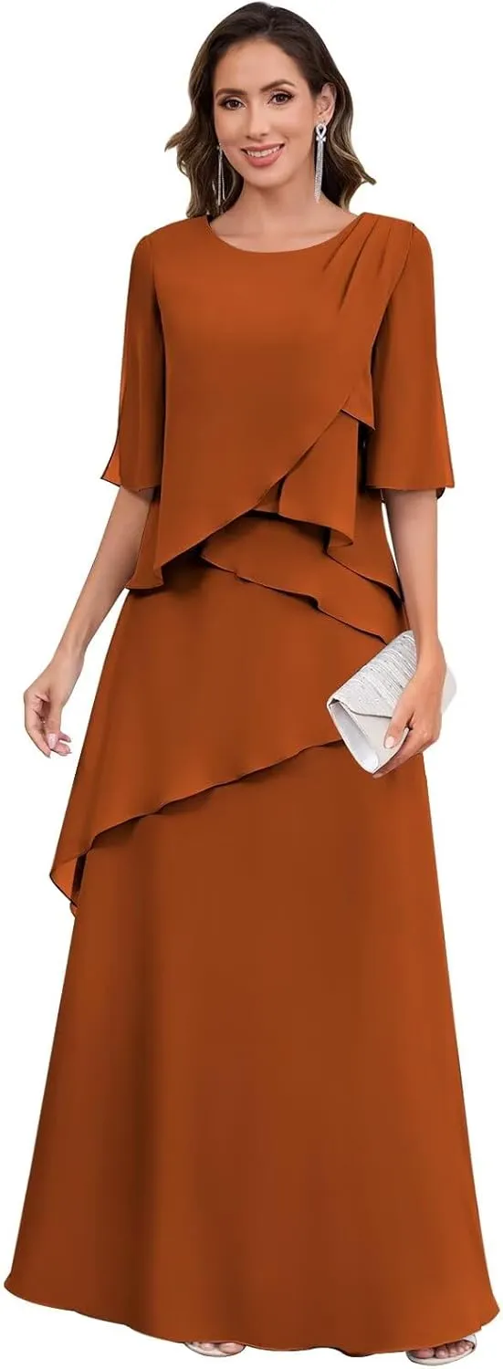 Mother of The Bride Dresses for Women Floor Length Half Sleeve Chiffon Ruffle Formal Evening Dress