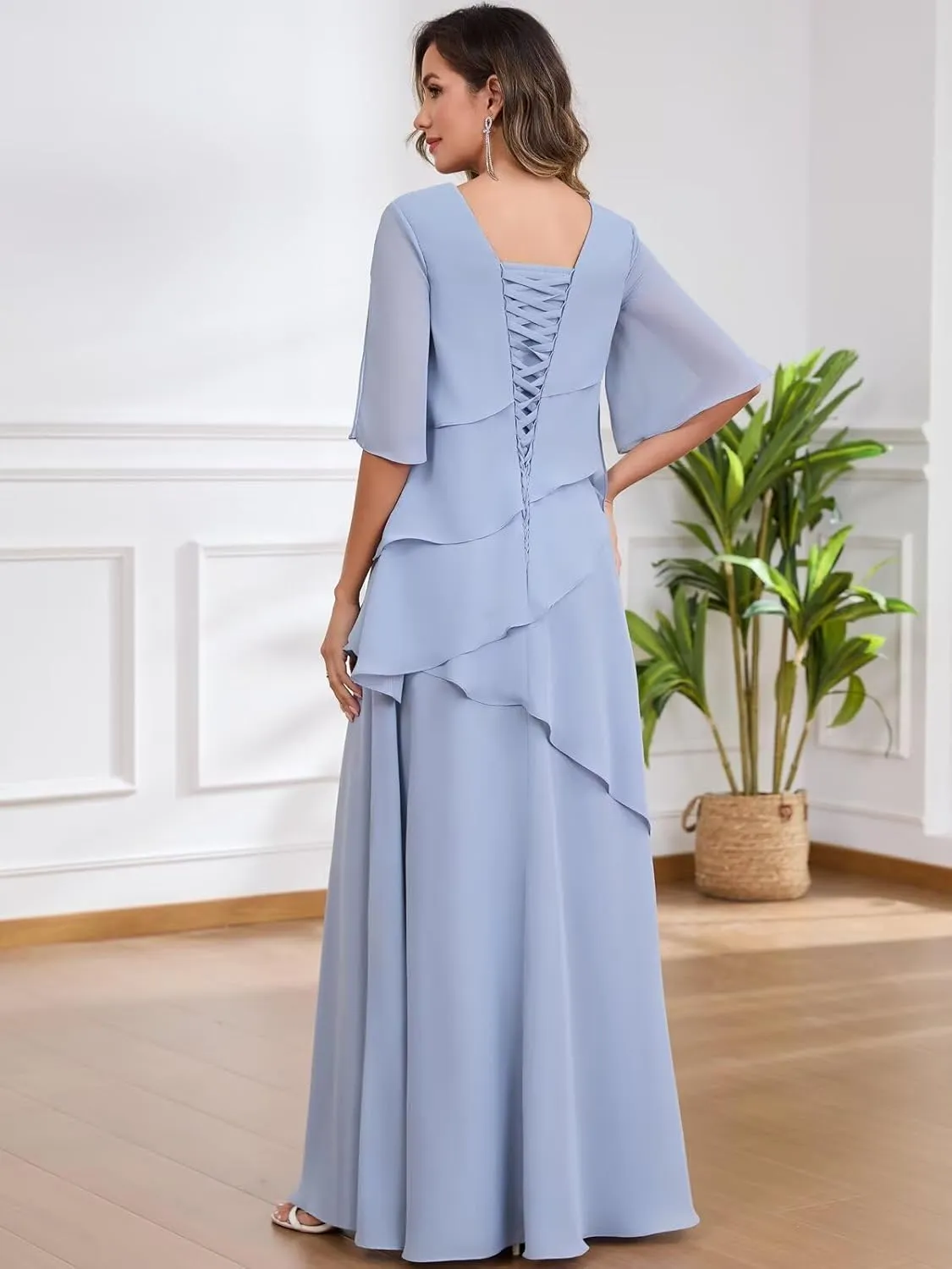 Mother of The Bride Dresses for Women Floor Length Half Sleeve Chiffon Ruffle Formal Evening Dress