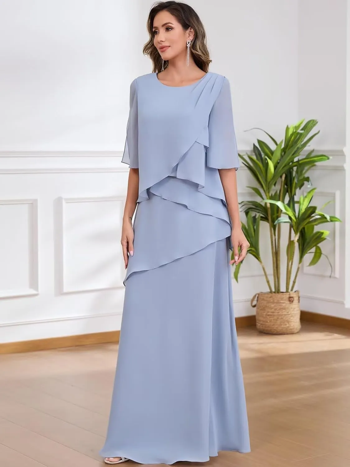 Mother of The Bride Dresses for Women Floor Length Half Sleeve Chiffon Ruffle Formal Evening Dress
