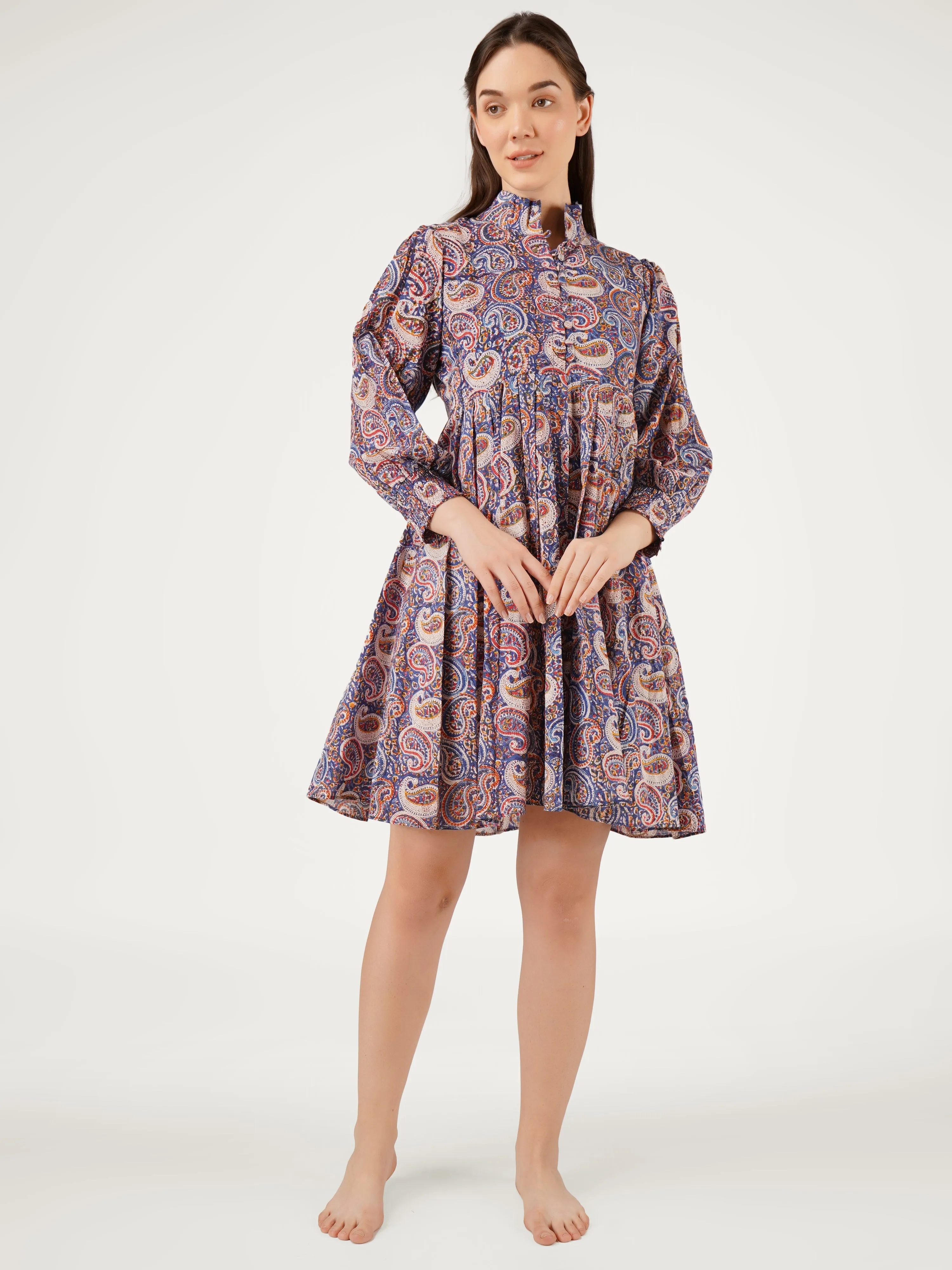 Navy Blue Cotton Short Printed Pleated Dress