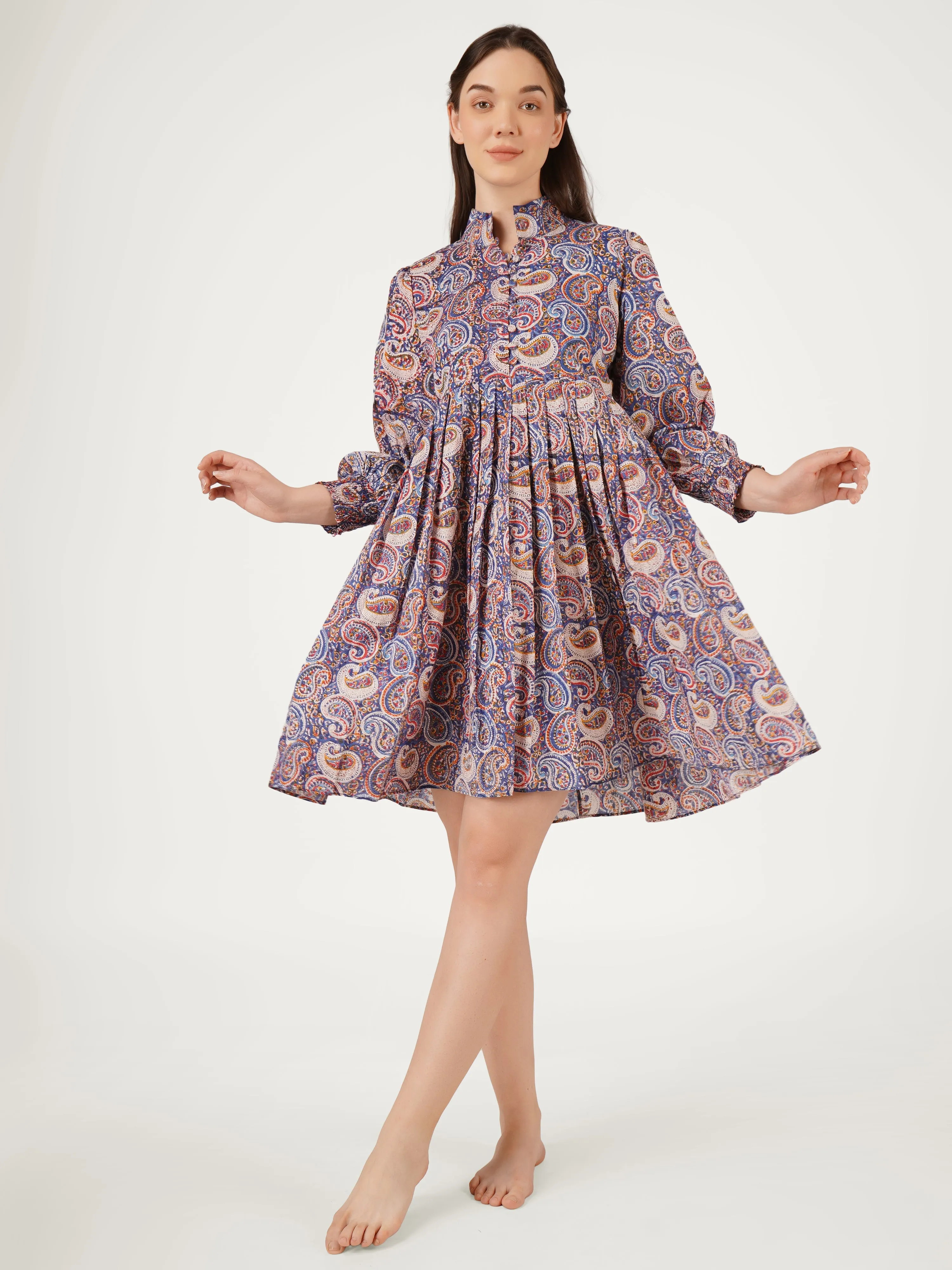 Navy Blue Cotton Short Printed Pleated Dress