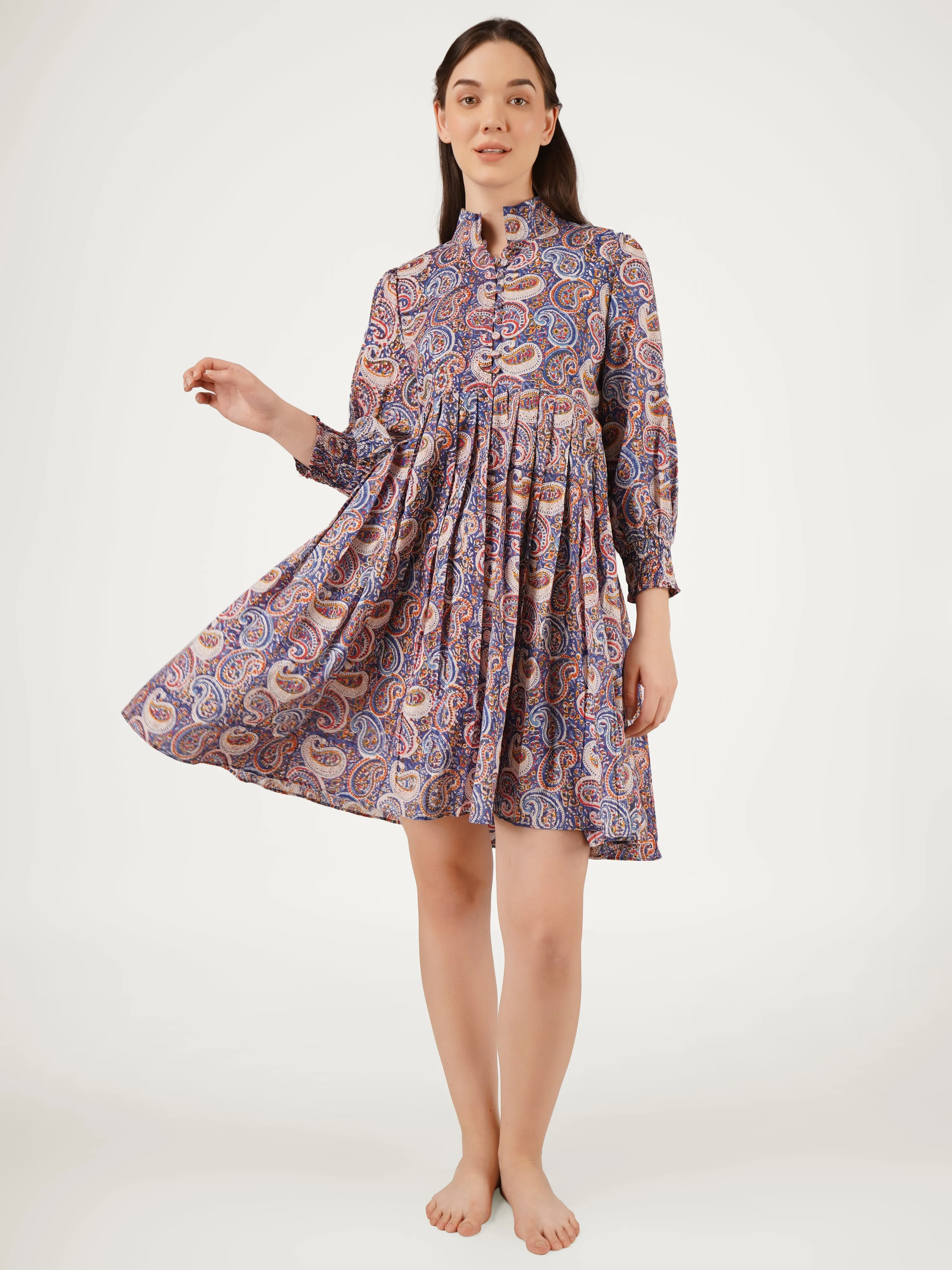 Navy Blue Cotton Short Printed Pleated Dress