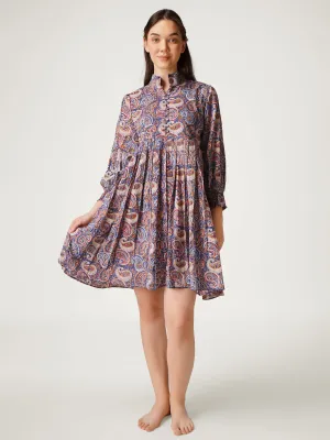 Navy Blue Cotton Short Printed Pleated Dress