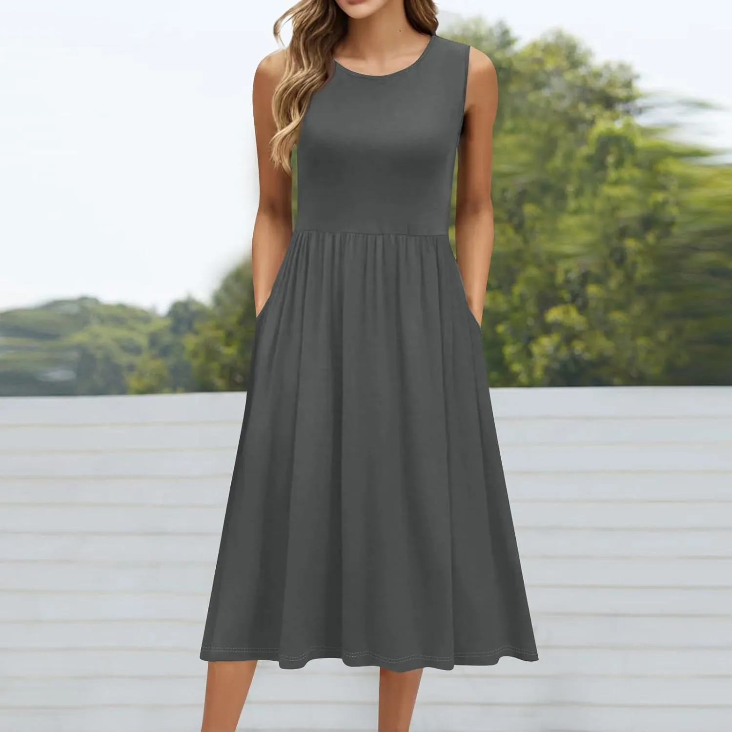 NBXNZWF Summer Dresses for Women 2025 Casual Loose Sleeveless Sundresses Beach A-Line Tank T-Shirt Midi Dress with Pockets