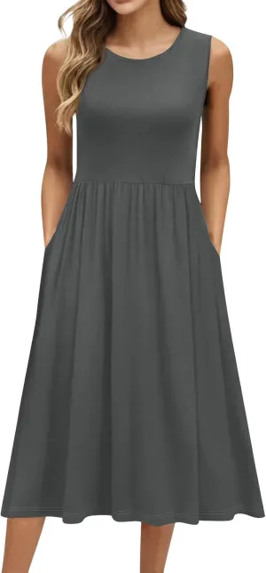 NBXNZWF Summer Dresses for Women 2025 Casual Loose Sleeveless Sundresses Beach A-Line Tank T-Shirt Midi Dress with Pockets