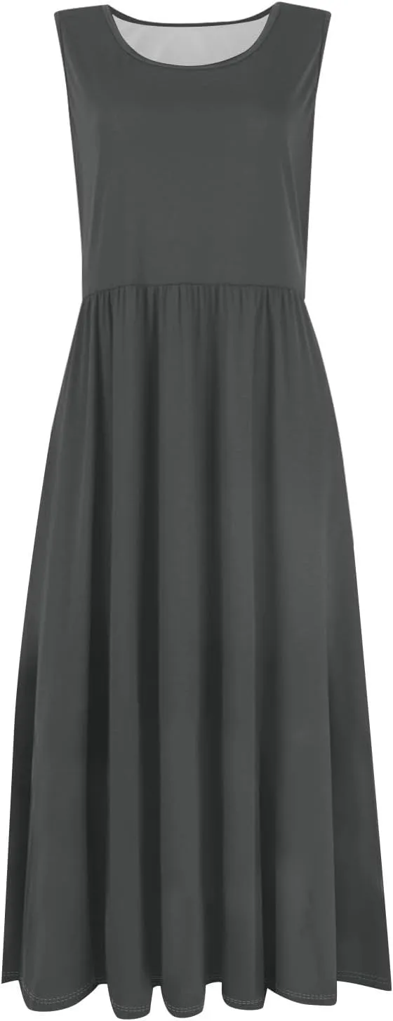 NBXNZWF Summer Dresses for Women 2025 Casual Loose Sleeveless Sundresses Beach A-Line Tank T-Shirt Midi Dress with Pockets