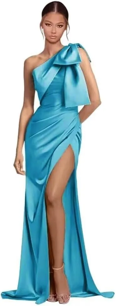 One Shoulder Bridesmaid Dress with Bow Long Mermaid Satin Prom Dress with Slit Sheath/Column Formal Evening Gowns