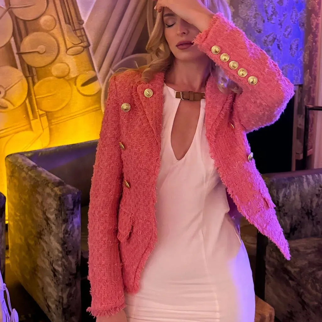 Opulent Gold Button Lapel Strong Shoulder Long Sleeve Bloucle Tweed Blazer