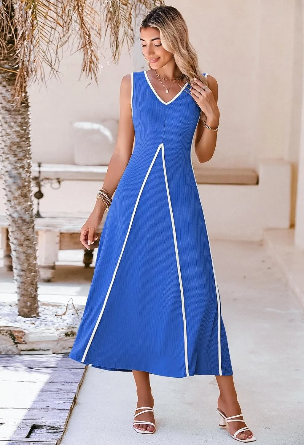 Pink Queen Women's Casual Loose Sundress Long Dress V Neck Sleeveless Backless Maxi Dresses Summer Beach Dress
