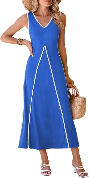 Pink Queen Women's Casual Loose Sundress Long Dress V Neck Sleeveless Backless Maxi Dresses Summer Beach Dress
