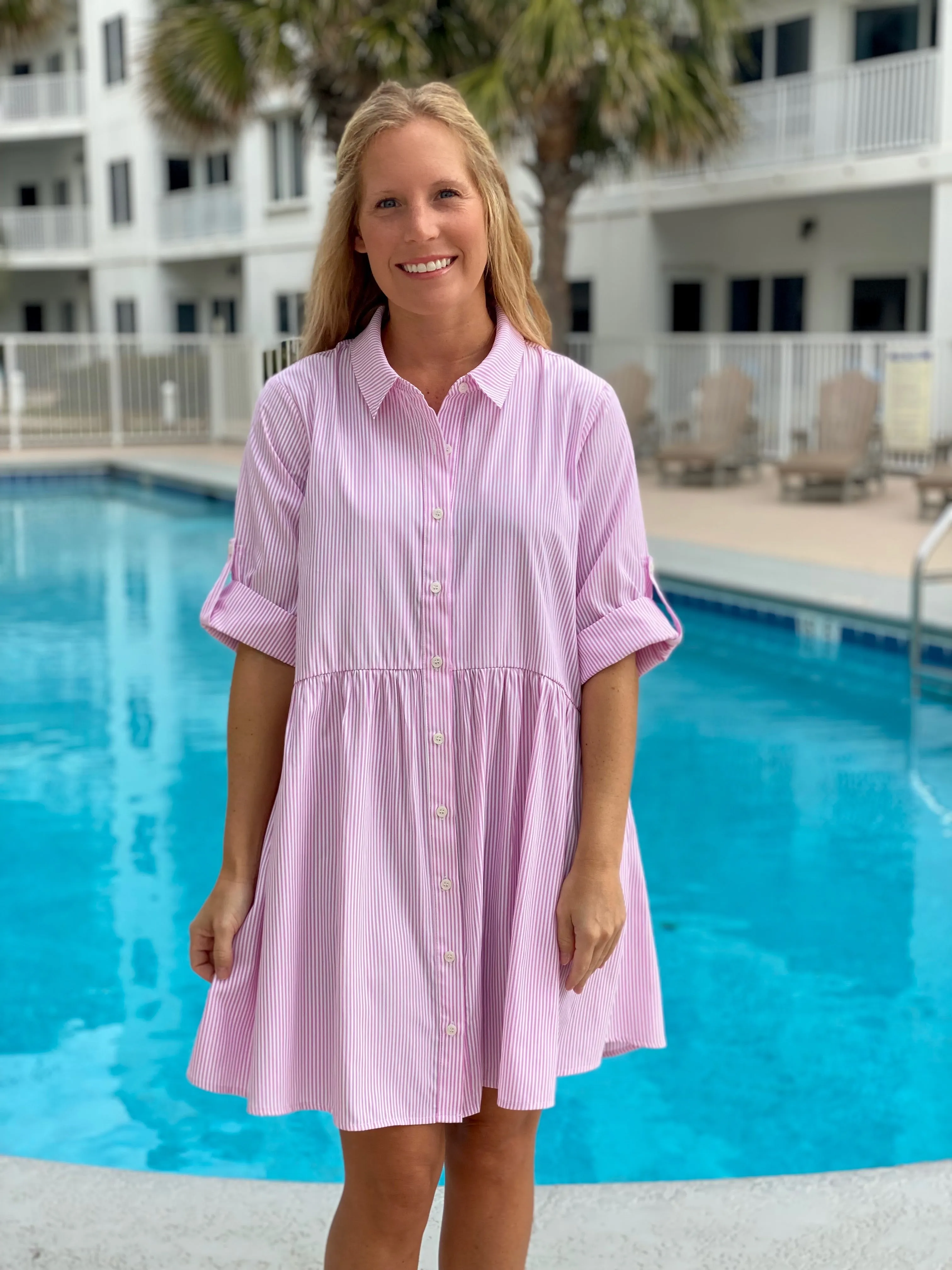Pink Striped Button Up Dress