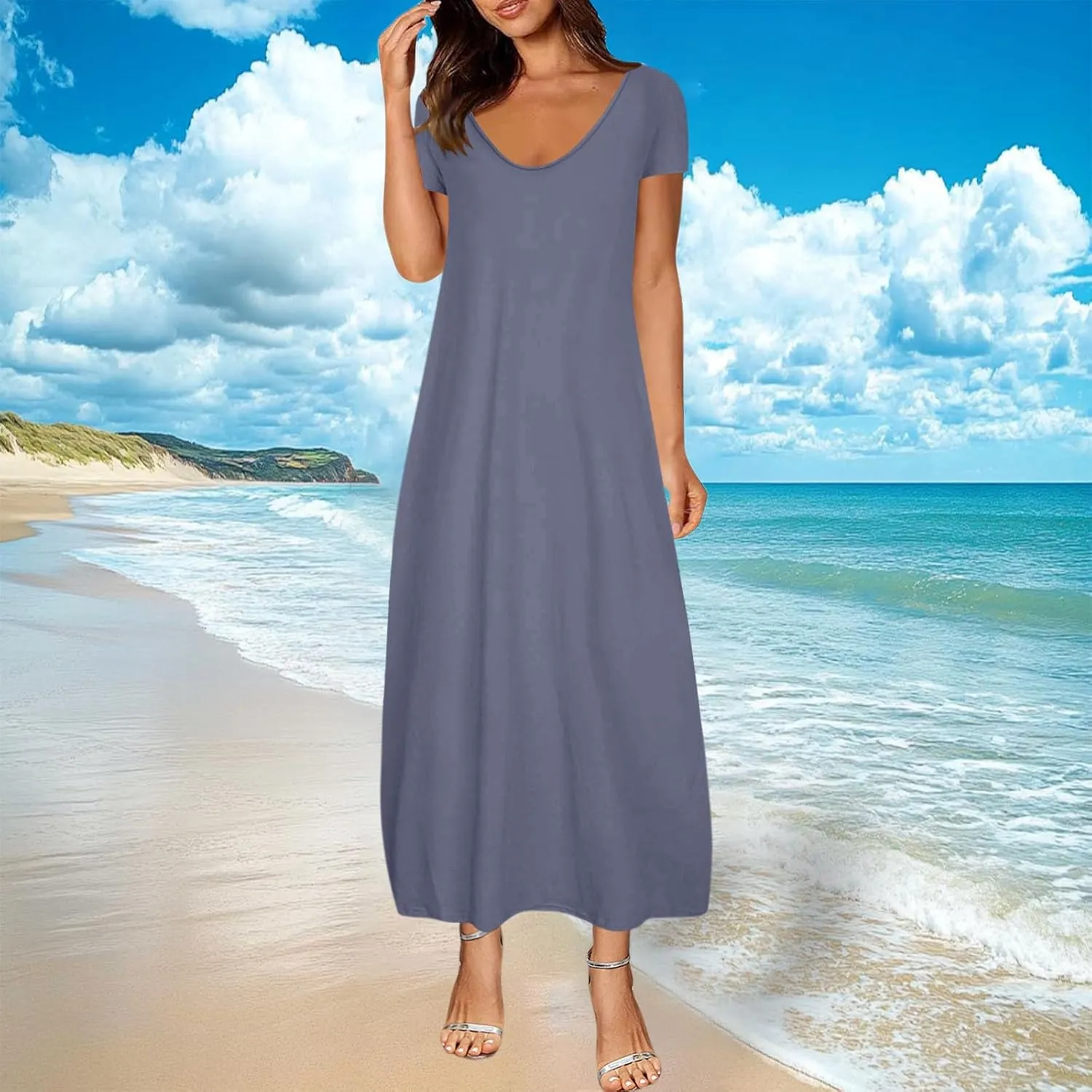 Plus Size Dresses for Curvy Women Loose Fit Round Neck Summer Beach Dress Casual Flowy Maxi Tshirt Sundresses