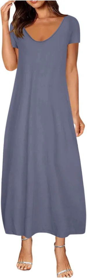 Plus Size Dresses for Curvy Women Loose Fit Round Neck Summer Beach Dress Casual Flowy Maxi Tshirt Sundresses