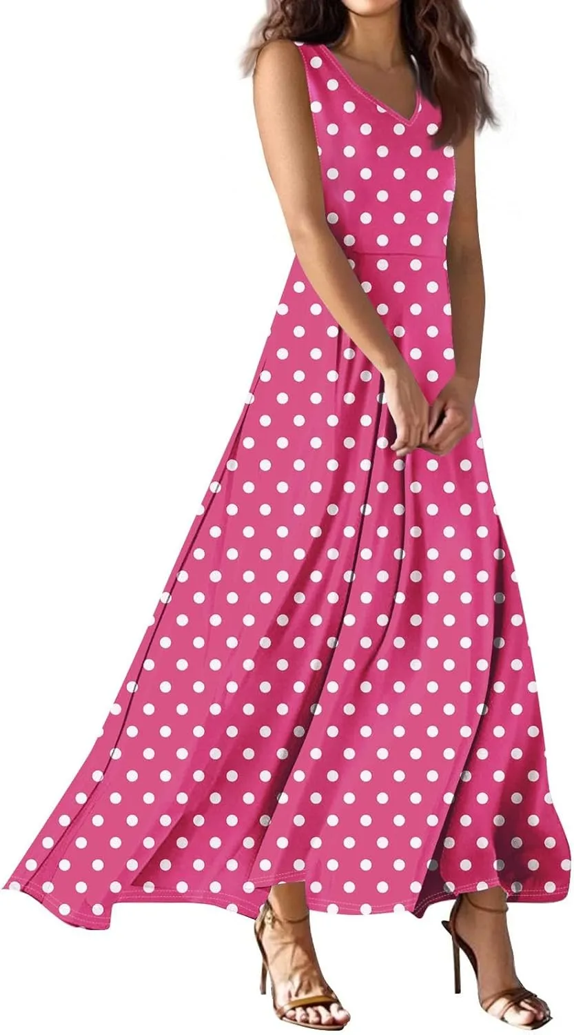 Polka Dot Dress for Women V Neck Sleeveless Aline Flowy Ruffle Long Sun Dress,S-2XL